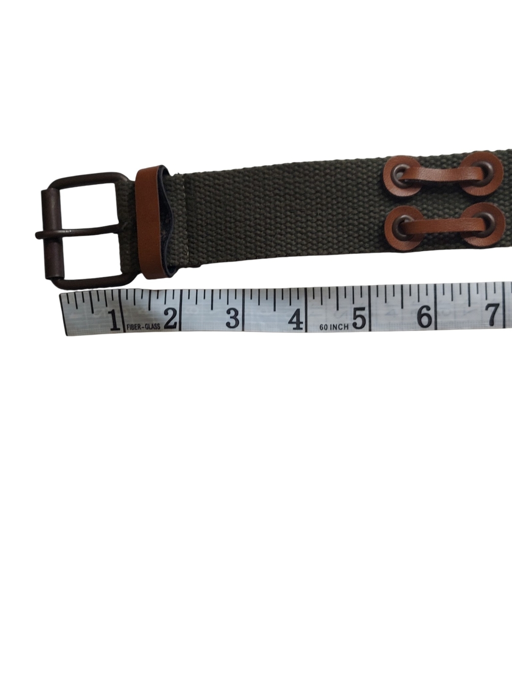 Military Inspired Olive Green Web Belt Brown Faux Leather Trim Adjustable - Picture 8 of 13